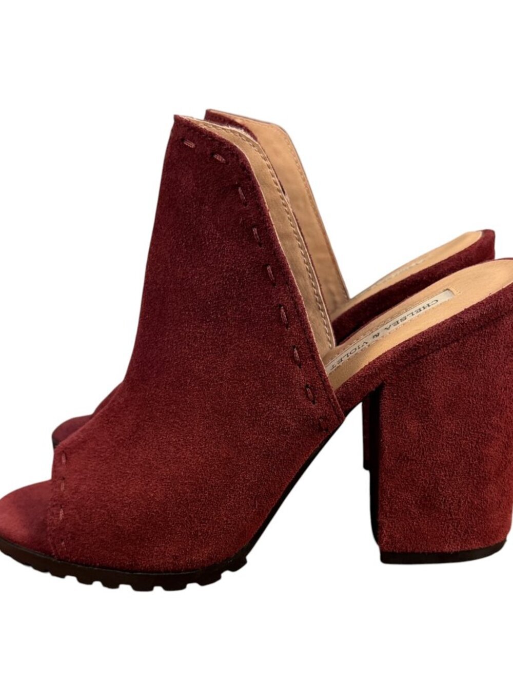 Chelsea & Violet Burgundy Faux Suede Peep Toe Mule Heels Size 10M Block Heel Boo - Picture 4 of 11